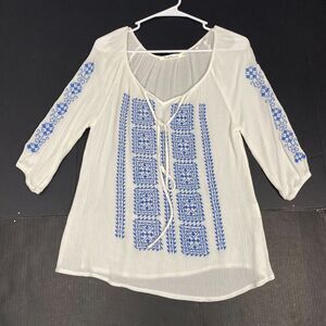 Solitaire Women's Size S Top‎ Embroidery 3/4 Sleeve Sheer Blouse drawstring